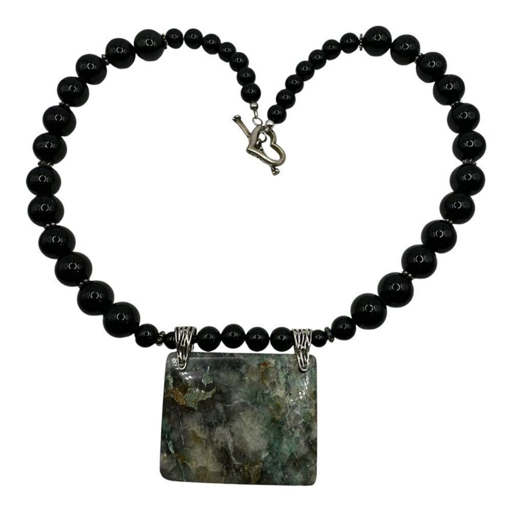 Handcrafted Green Jasper Pendant Black Onyx Beads Gemstone Necklace Heart Clasp